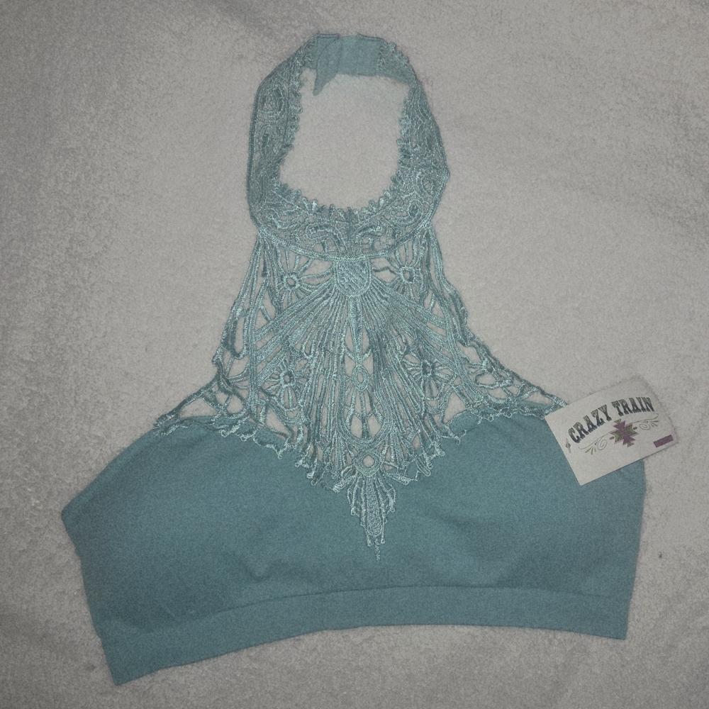 Crazy Train Teal Crochet Halter Bralette